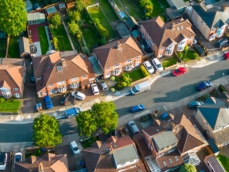 Aerial view of a street of houses